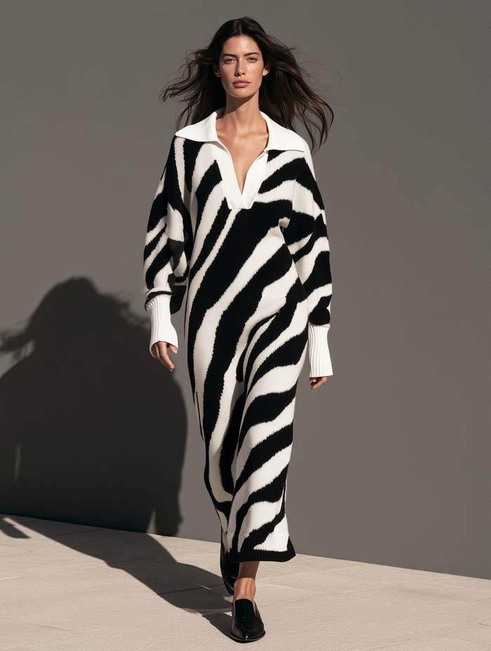 Women's Casual Black And White Zebra-Print Knit Maxi Dress MDZ0147I0LXY