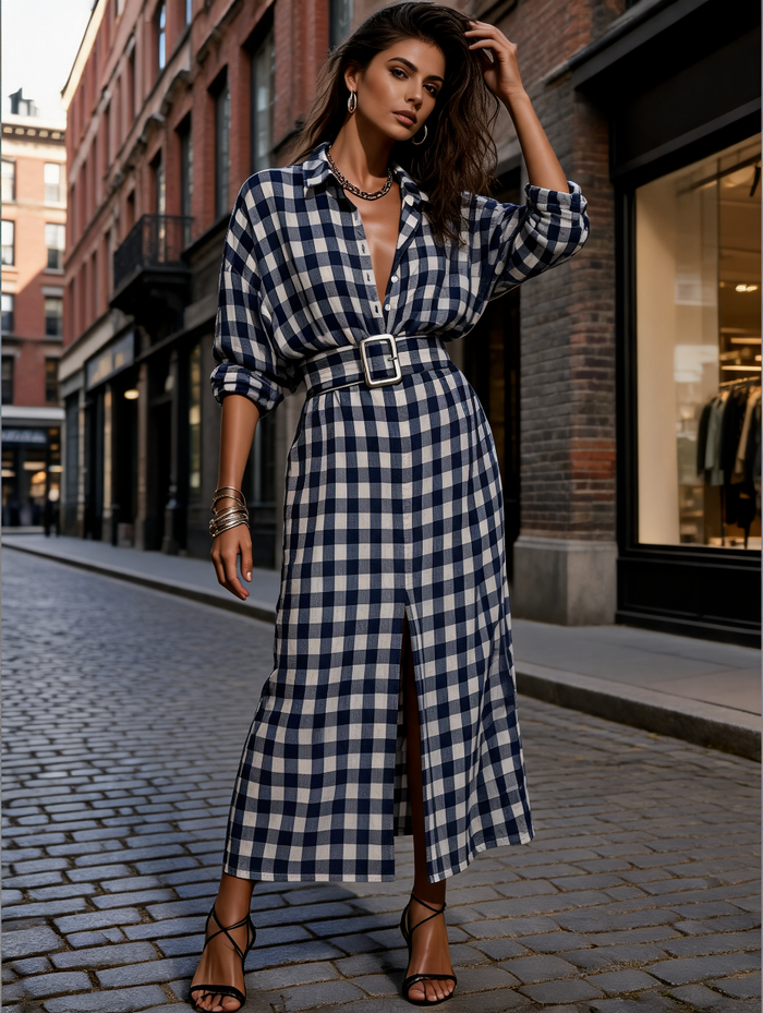 Women's Casual Commuter Style Blue And White Plaid Cotton Belted Front Slit Maxi Shirt Dress MDZ2982D6GMJ