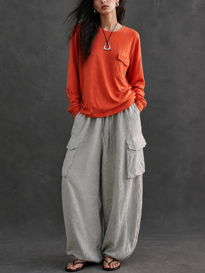 Women's Casual Crew Neck T-shirt And Cargo Pants Set MDZ1093H8GMJ