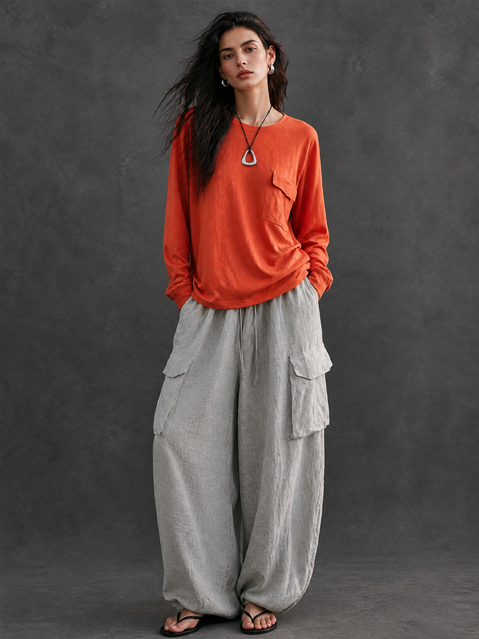 Women's Casual Crew Neck T-shirt And Cargo Pants Set MDZ1093H8GMJ