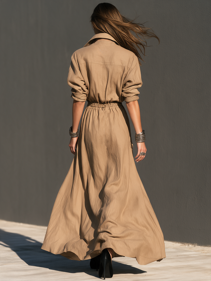 Women's Casual Khaki Woven Long-Sleeve Maxi Dress MDZ0489I1LXY