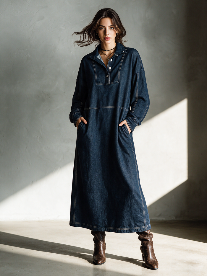 Women's Casual Long-Sleeve Denim Maxi Dress MDZ3122H6LXY
