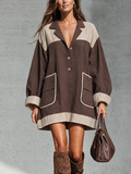 Women's Casual Long-Sleeve Mini Dress – Brown & Beige Color-Block Cotton-Linen Blend MDZ2827H5LXY