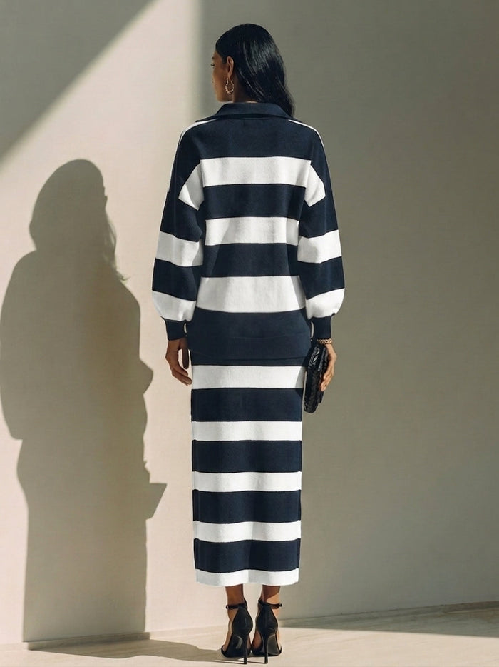 Women's Color-Block Striped Cotton-Blend Half-Zip Top & Midi Skirt Two-Piece Set MDZ2903G5ZRK