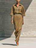 Women's Contrast Piping Linen Blend Collared Top and Skirt Set MDZ1330H7YZJ