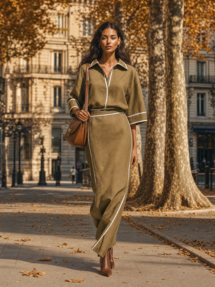 Women's Contrast Piping Linen Blend Collared Top and Skirt Set MDZ1330H7YZJ