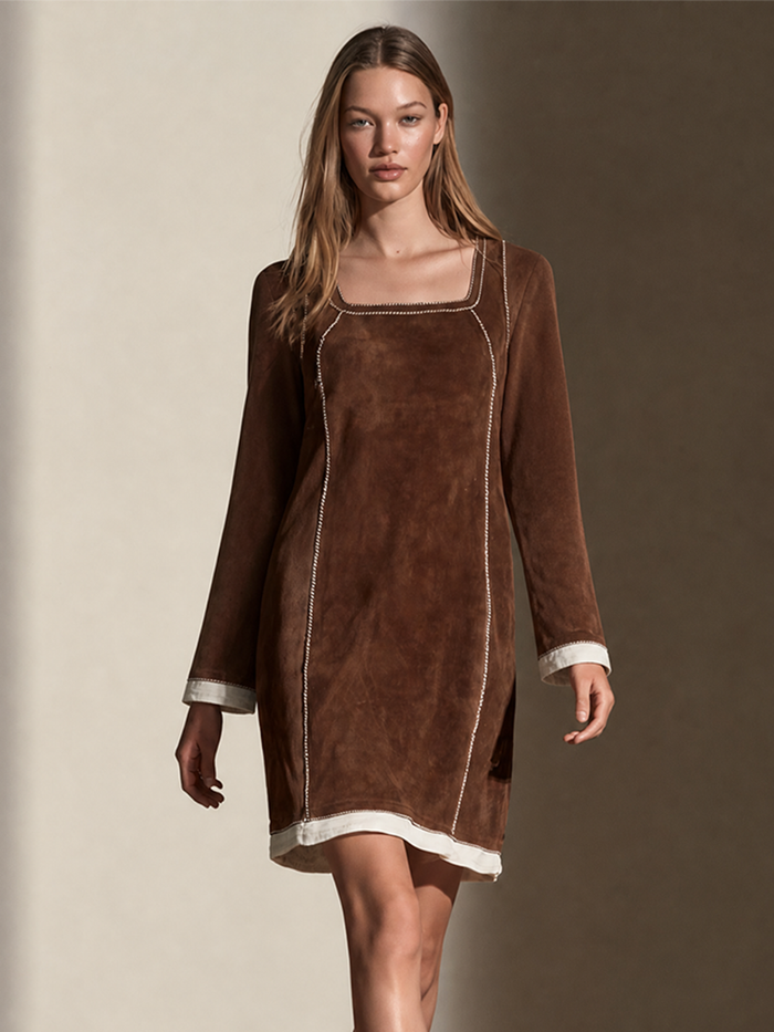 Women's Contrast‑Stitch Faux Suede Square Neck Mini Dress MDZ0705I4LYL