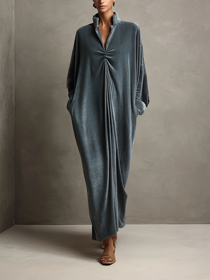 Women's Dusty Blue Stand‑Collared Twist‑Knot Oversized Velvet Maxi Dress MDZ0335I5R