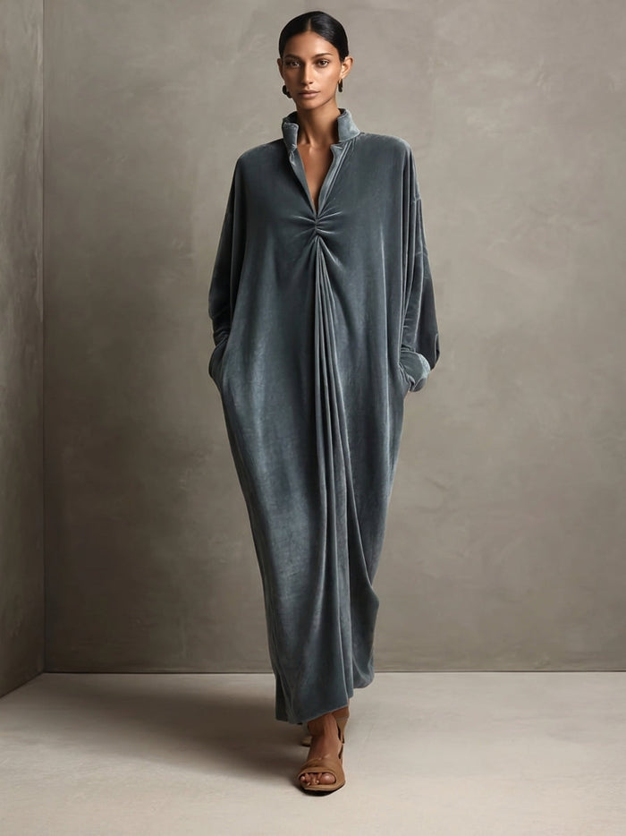 Women's Dusty Blue Stand‑Collared Twist‑Knot Oversized Velvet Maxi Dress MDZ0335I5R