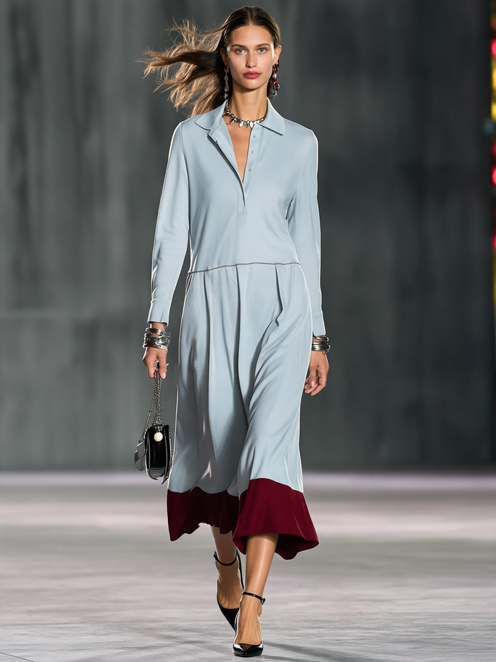 Women's Elegant Light Blue Stretch Knit Long-Sleeve Midi Dress MDZ0885I4LXY