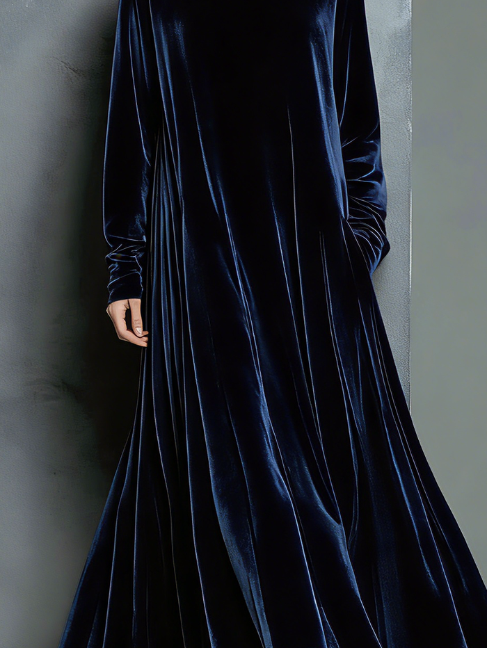 Women's Elegant Navy Blue Velvet High-neck Long-sleeved Loose-fitting Maxi Dress MDZ1680A8AN