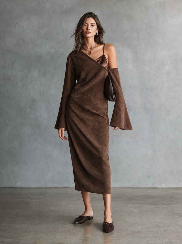 Women's Elegant Suede Dress Splicing Satin Camisole-Style Bodice And One-Shoulder Detail MDZ0300I4WY