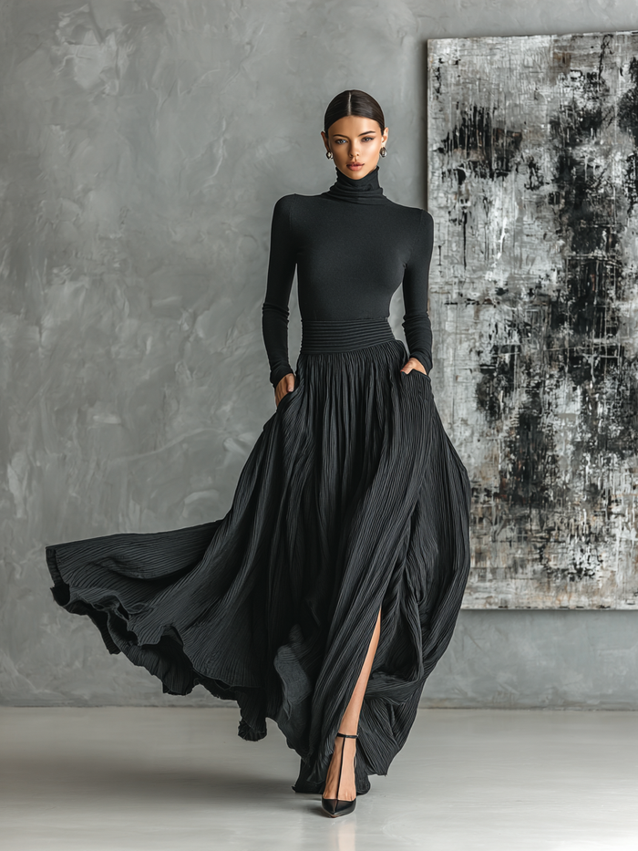 Women's Fashion All Black Skinny Turtleneck T-shirt Pleated Skirt Set MDA1366H1Y