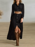 Women's Imitation Cotton And Linen Pleated Lapel Single-breasted Long-sleeved Maxi Dress MDA1768I7Y