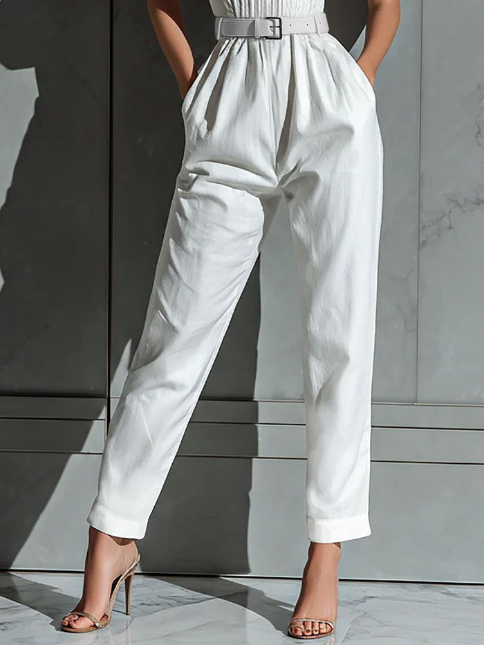 Women's Ivory Cotton And Linen Blend Wide-Leg Jumpsuit With Cinched Waist MDZ0674B7T