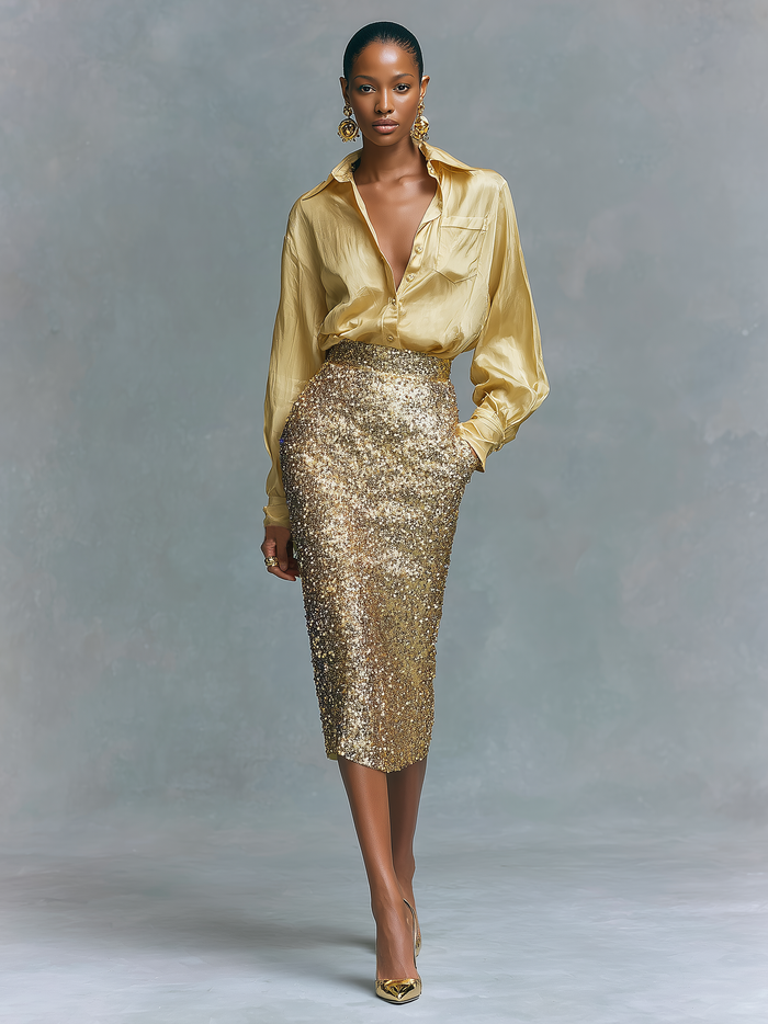 Women's Long-sleeved Shirt And Sequined Pencil Skirt Set MDA2431K6Y