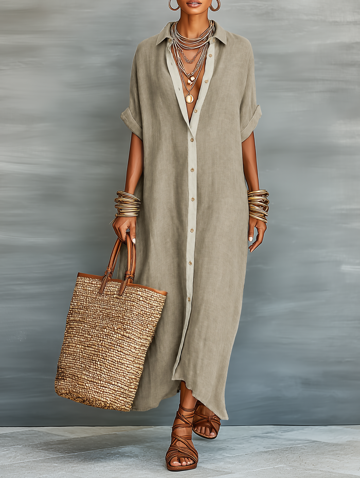 Women's Minimalist Linen Blend Short-sleeved Shirt Maxi Dress MDZ0647A2Y