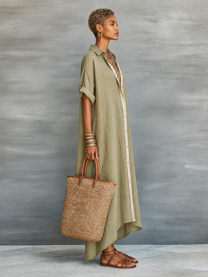 Women's Minimalist Linen Blend Short-sleeved Shirt Maxi Dress MDZ0647A2Y
