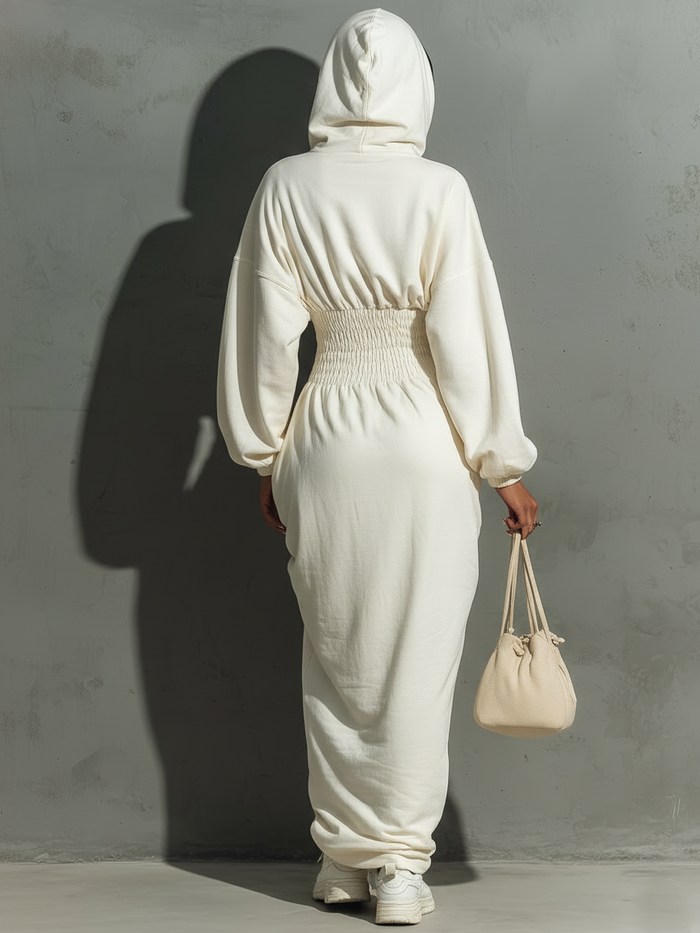Women's Minimalist Waist Shirring Hooded Sweatshirt Maxi Dress MDA1965L4Y