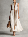 Women's Sleeveless V-Neck Tie-Waist Cotton Linen Maxi Dress MDZ1153B7BA
