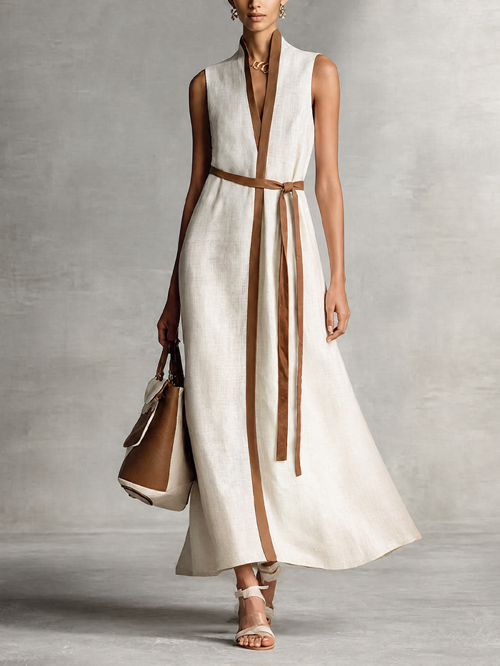 Women's Sleeveless V-Neck Tie-Waist Cotton Linen Maxi Dress MDZ1153B7BA
