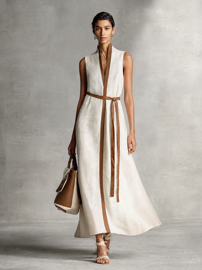 Women's Sleeveless V-Neck Tie-Waist Cotton Linen Maxi Dress MDZ1153B7BA