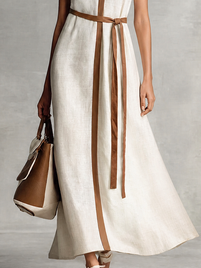 Women's Sleeveless V-Neck Tie-Waist Cotton Linen Maxi Dress MDZ1153B7BA
