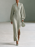 Women's Stand-Collar Half-Zip Drop-Shoulder Balloon-Sleeve Slit Knit Maxi Dress MDZ0311I3CMX