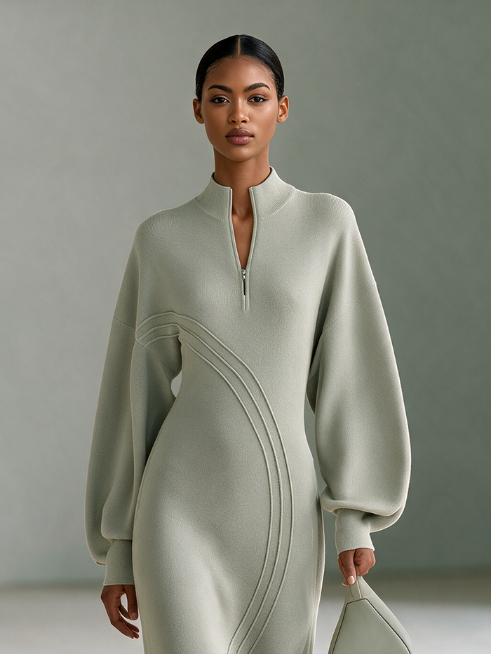 Women's Stand-Collar Half-Zip Drop-Shoulder Balloon-Sleeve Slit Knit Maxi Dress MDZ0311I3CMX