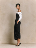 Women's Two-Tone Off-Shoulder Ruched Bodycon Midi Dress with Shirt Sleeves