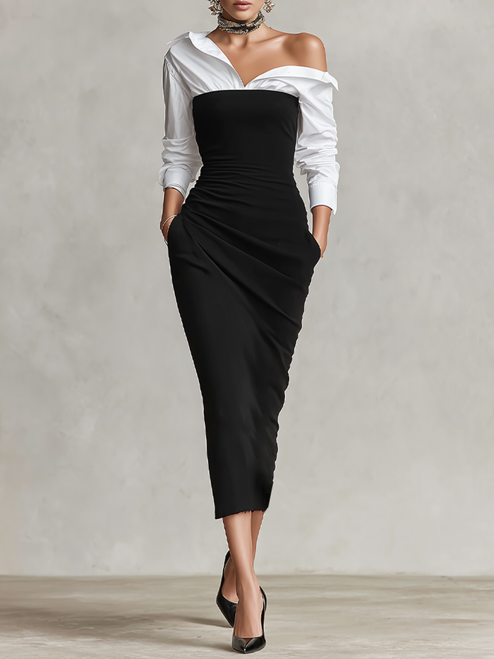 Women's Two-Tone Off-Shoulder Ruched Bodycon Midi Dress with Shirt Sleeves
