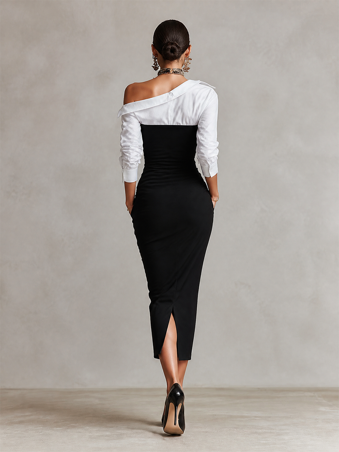 Women's Two-Tone Off-Shoulder Ruched Bodycon Midi Dress with Shirt Sleeves
