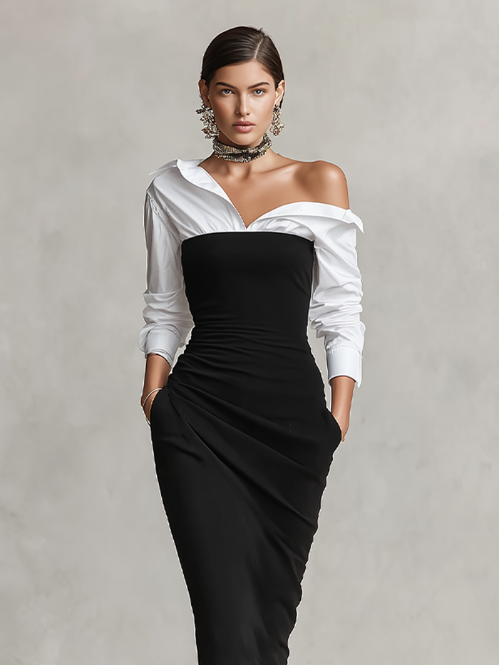 Women's Two-Tone Off-Shoulder Ruched Bodycon Midi Dress with Shirt Sleeves