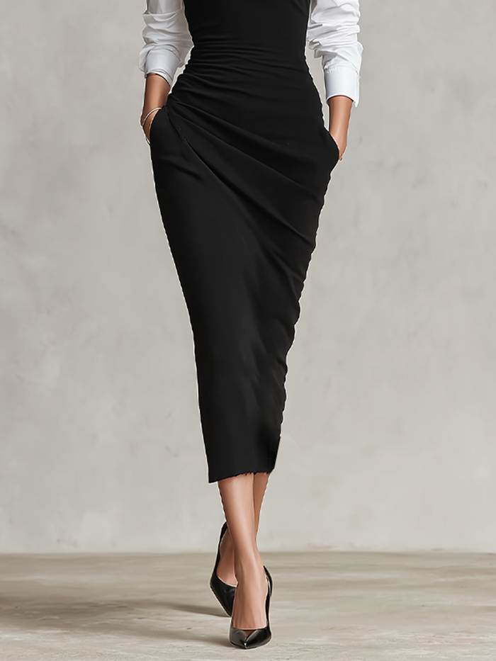 Women's Two-Tone Off-Shoulder Ruched Bodycon Midi Dress with Shirt Sleeves