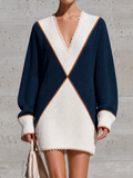 Women's V Neck Colorblock Ribbed Navy White Sweater Dress MDZ0161I6YZJ