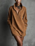 Women's V-neck Suede Embossed Long-sleeved Casual Dress MDA0483K5AN