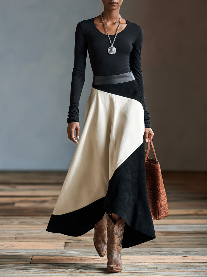 Women's Vintage Long-Sleeve T-Shirt And Faux Suede & Faux Leather Paneled Skirt Set MDZ3156H5WY