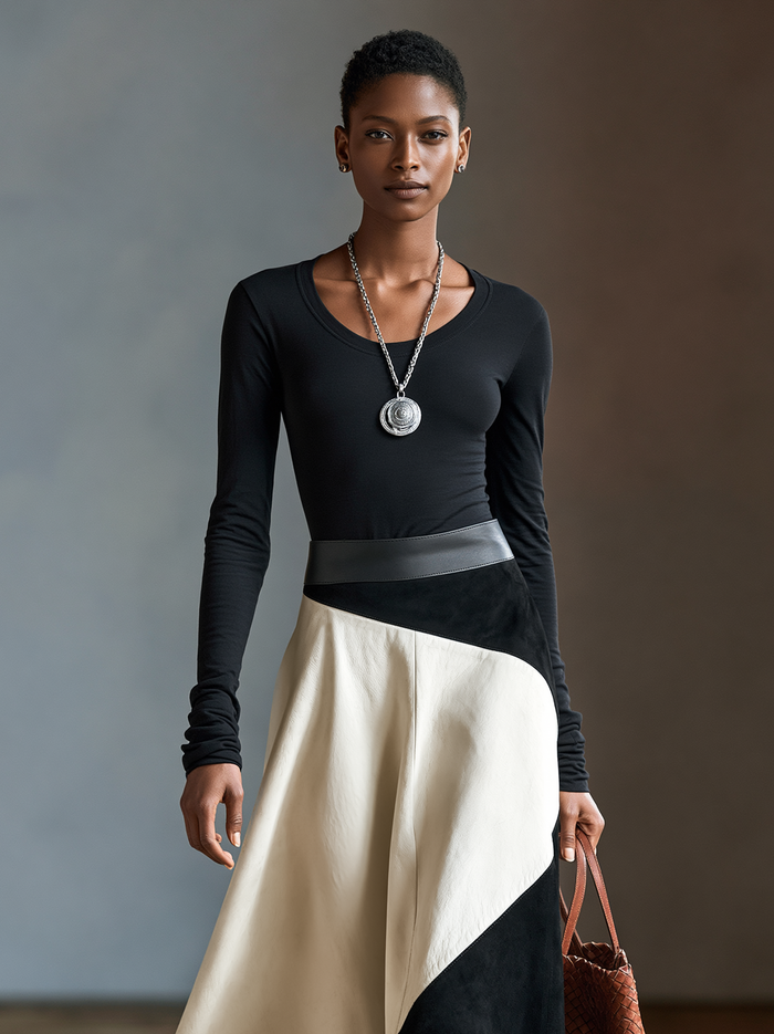 Women's Vintage Long-Sleeve T-Shirt And Faux Suede & Faux Leather Paneled Skirt Set MDZ3156H5WY