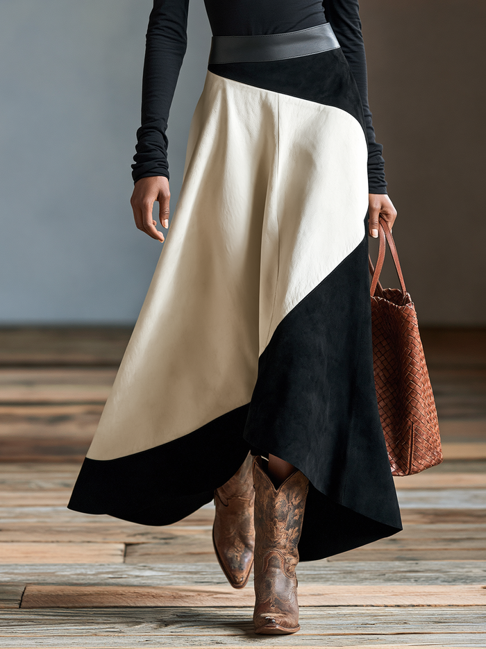Women's Vintage Long-Sleeve T-Shirt And Faux Suede & Faux Leather Paneled Skirt Set MDZ3156H5WY