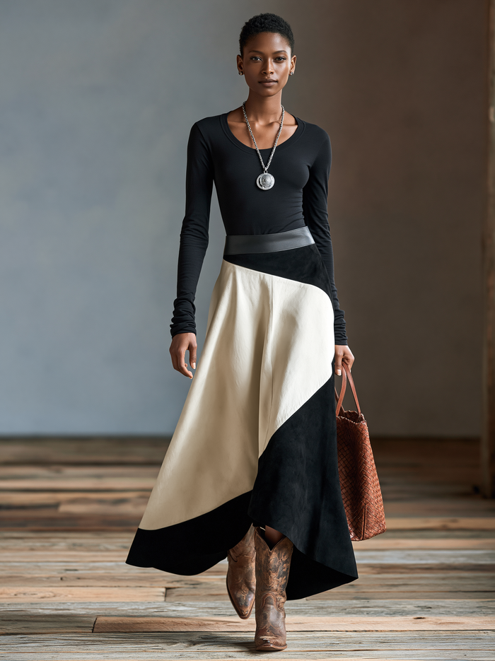 Women's Vintage Long-Sleeve T-Shirt And Faux Suede & Faux Leather Paneled Skirt Set MDZ3156H5WY