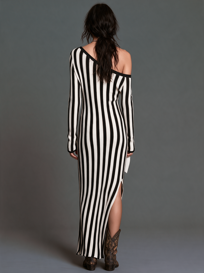 Women's Vintage One-Shoulder Long-Sleeve Striped Sweater Dress With Side Slit MDZ2121H1WY