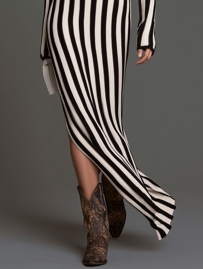 Women's Vintage One-Shoulder Long-Sleeve Striped Sweater Dress With Side Slit MDZ2121H1WY