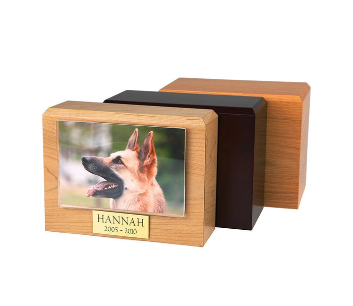 X-Large 145 Cubic Inches Oak Pet Photo Urn for Ashes with Engravable Nameplate